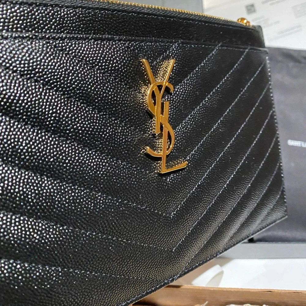 Yves Saint Laurent Black Quilted Leather Wristlet with Gold YSL Logo - Picture 6 of 8